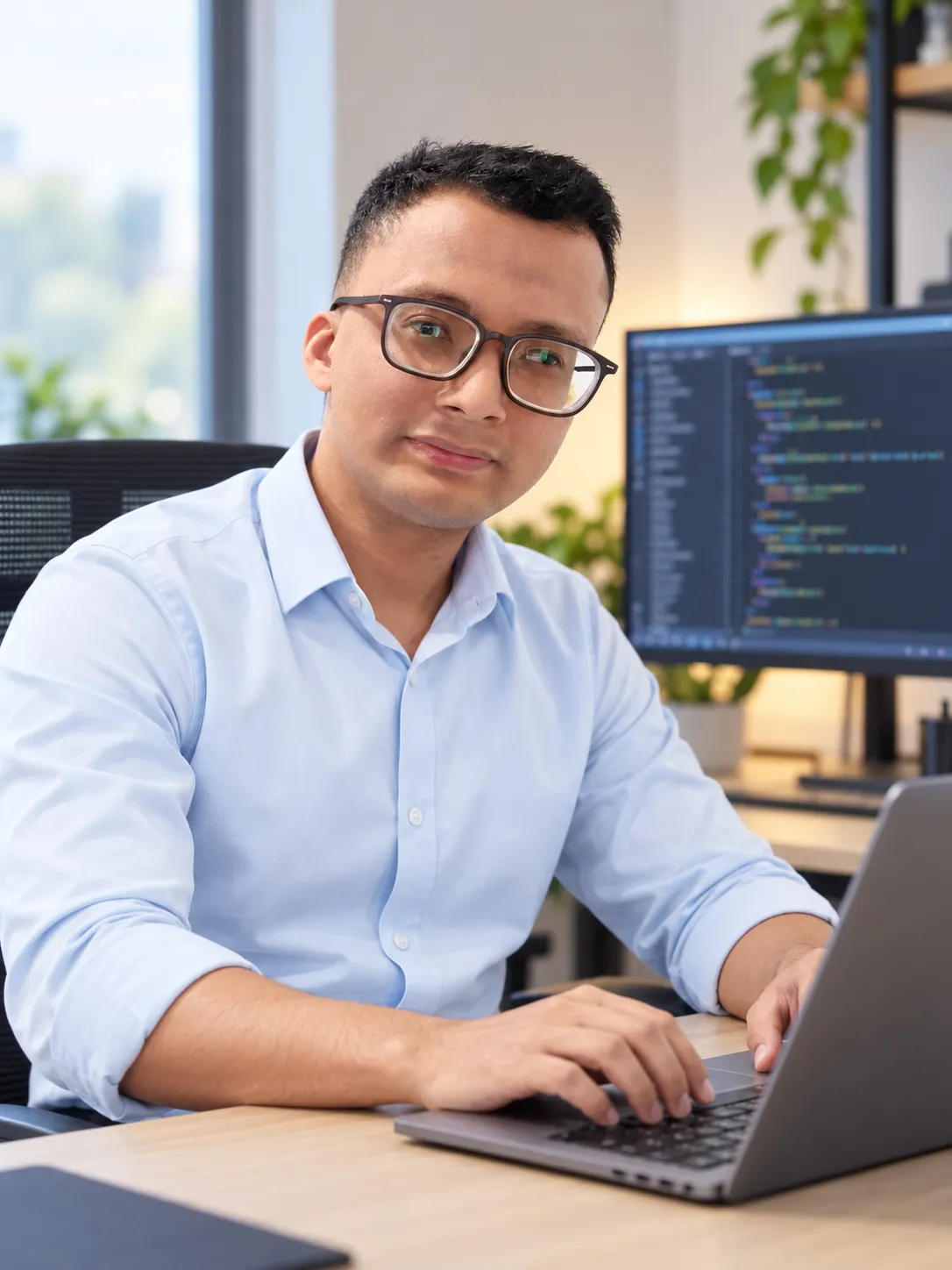 Augustin Maputol working at a desk with code on screen